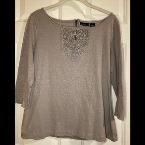 EUC Bay Studio taupe sheen top with exposed back zipper.